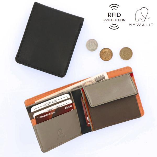 mywalit RFID カーフレザー 牛革 二つ折り スキミング防止 財布 小銭入れ コンパクト ...