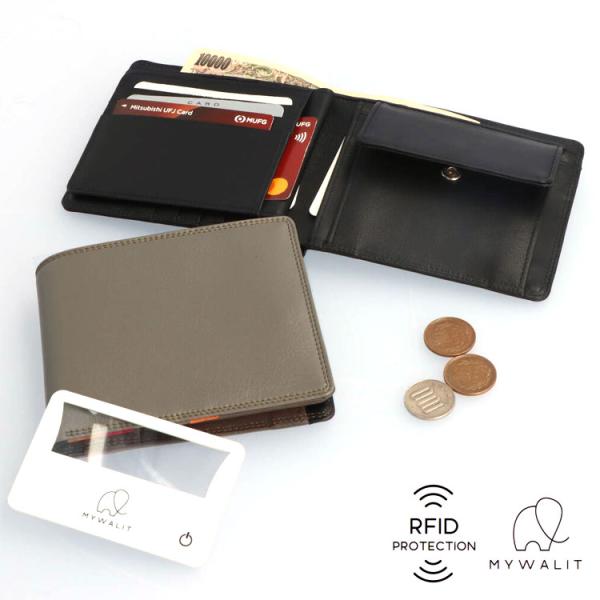 mywalit RFID カーフレザー 牛革 二つ折り スキミング防止 財布 小銭入れ コンパクト ...
