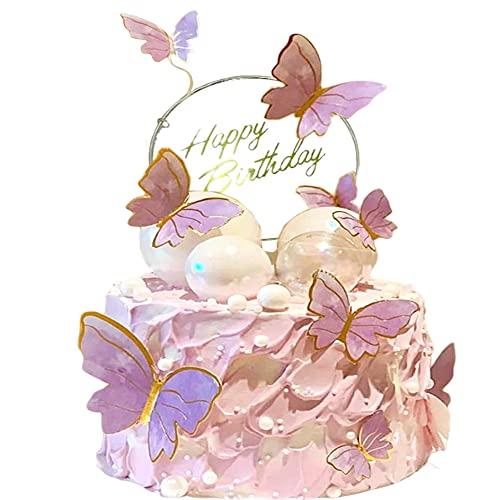 YINKE ケーキトッパー 誕生日ケーキ 飾り ハッピーバースデー 紫 蝶 ケーキ挿入 バースデーケ...