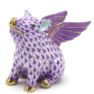 ヘレンド ぶた 置物 豚が飛ぶ時 紫色の鱗模様  手描き 磁器 飾り物 ハンガリー Herend｜herend-met
