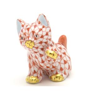 ヘレンド（HEREND） 猫(ミニ) 置物 グルーミングキャット 赤色の鱗模様