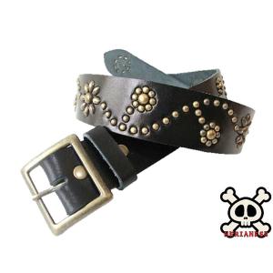 真鍮製バックル 栃木レザー フラワー型スタッズベルト 黒 ブラック