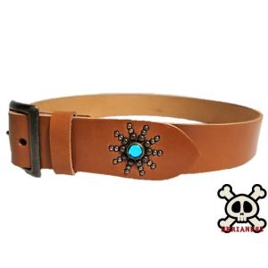 栃木レザー エンドオンリー スタッズベルト 茶 ターコイズスポッツ
