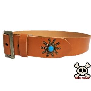真鍮製バックル 栃木レザー フラワー型スタッズベルト 黒 アクアブルー