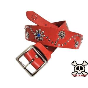 栃木レザー フラワー型 スタッズベルト 赤 クリスタルスポッツ 日本製