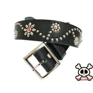 栃木レザー フラワー型 スタッズベルト 黒 ブラックスポッツ 日本製