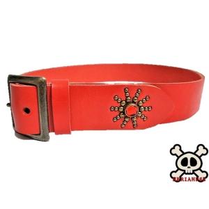 栃木レザー フラワー型 スタッズベルト チョコ アクアブルースポッツ