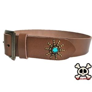 栃木レザー フラワー型 スタッズベルト チョコ アクアブルースポッツ
