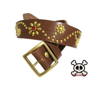 栃木レザー フラワー型 スタッズベルト チョコ アクアブルースポッツ