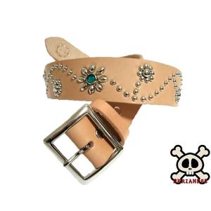 栃木レザー フラワー型 スタッズベルト チョコ アクアブルースポッツ