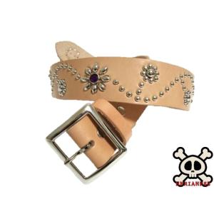 栃木レザー フラワー型 スタッズベルト 黒 クリスタルスポッツ 日本製