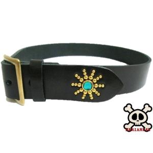 栃木レザー フラワー型 スタッズベルト チョコ アクアブルー