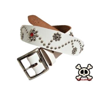 栃木レザー フラワー型 スタッズベルト 白 クリスタルスポッツ 日本製