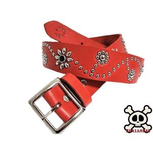 栃木レザー フラワー型 スタッズベルト 赤 クリスタルスポッツ 日本製