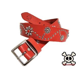栃木レザー フラワー型 スタッズベルト 赤 クリスタルスポッツ 日本製