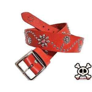 栃木レザー フラワー型 スタッズベルト 赤 クリスタルスポッツ 日本製