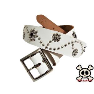 栃木レザー フラワー型 スタッズベルト 白 クリスタルスポッツ 日本製