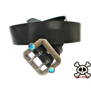 栃木レザー スタッズ付き 八角ダブルピンバックルベルト 黒 クリスタル