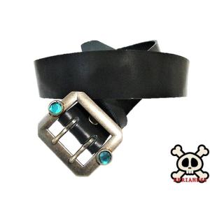 栃木レザー スタッズ付き 八角ダブルピンバックルベルト 黒 アクア