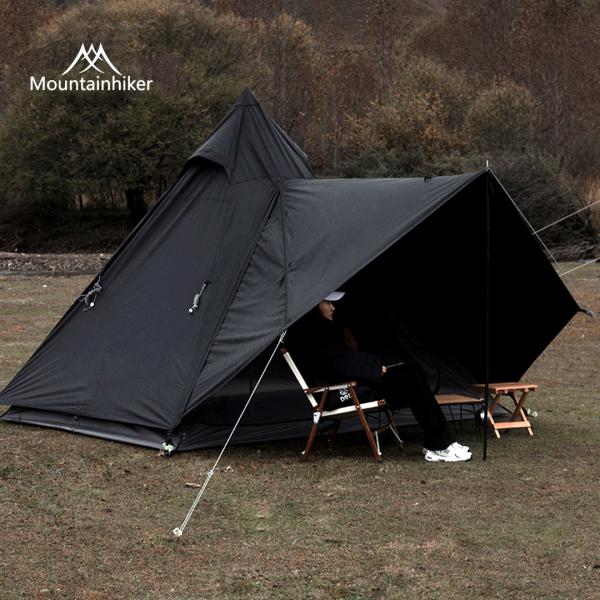ワンポールテント 2-3人用 Mountainhiker  ブラック ベージュ ティピーテント キャ...
