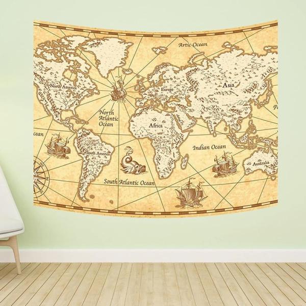 世界地図タペストリー キングサイズ コラージュ アンティーク デザイン 古い世界地図 ヴィンテージ ...