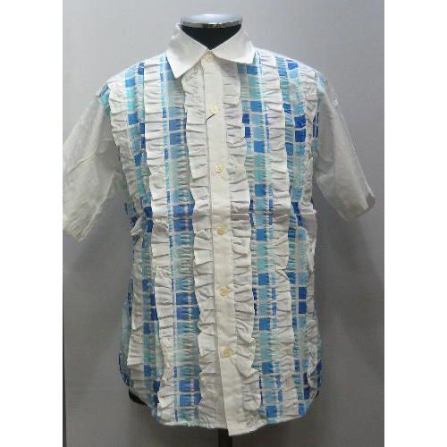 カラフルチェック フリル付 半袖シャツ 日本製 サックス フリー 1243