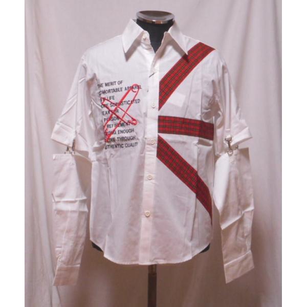 刺繍入り シャツ チェック生地付き 袖取り外し可 フリーサイズ 1182 白 日本製 パンク ロック