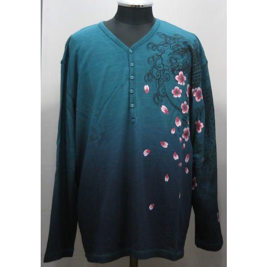 和柄 Ｙ ヘンリーネック 長袖Tシャツ グラデーション染め 鯉 z29696-zd Ｃ・ブルー ３Ｌ...