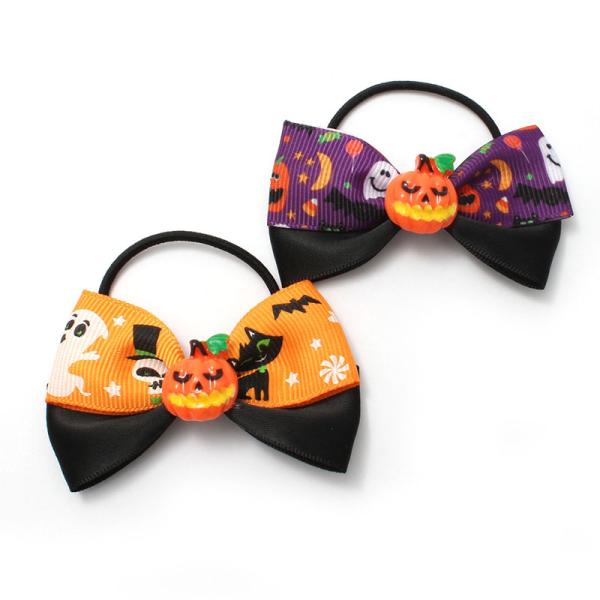 ヘアゴム ハロウィン 柄 ダブルリボン ジャック C25-106 グログランリボン オレンジ パープ...
