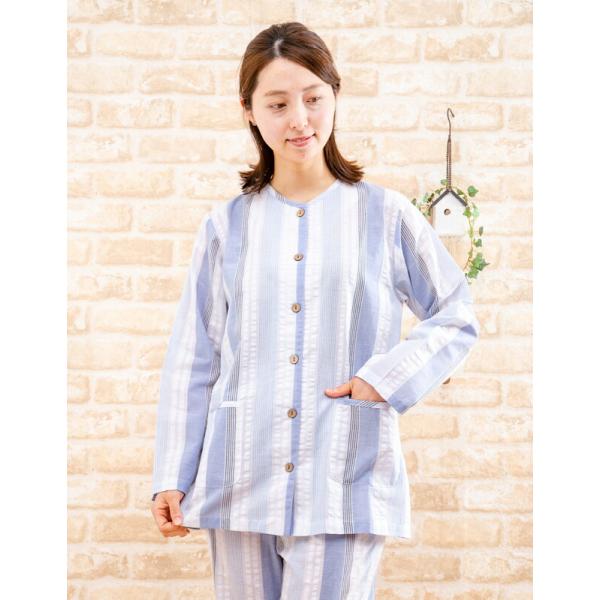 肌にやさしい綿100％サラッとして涼しいサッカー生地ストライプ　パジャマ レディース 春夏 前開き ...