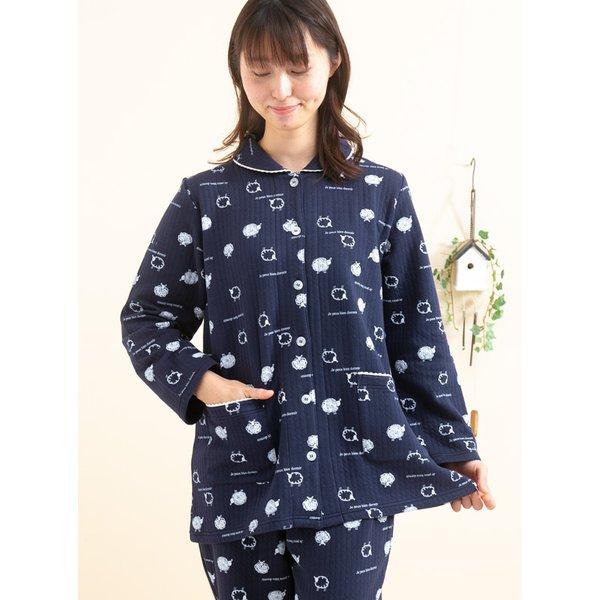 肌にやさしい綿100％中わたニットキルト地ヒツジ パジャマレディース 冬 長袖前開き ナイトウェア ...