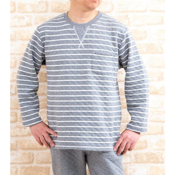 パジャマ メンズ 冬 肌に優しい綿100％中わたニットキルト地ボーダー かぶりタイプ長袖 紳士 ナイ...