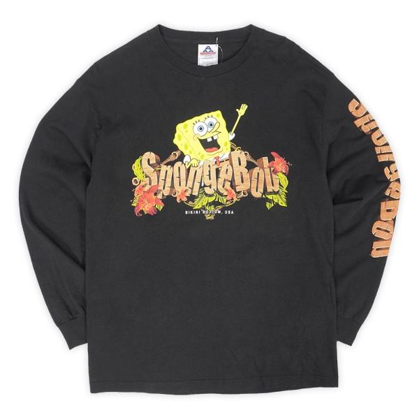 00s デッドストック 未使用 スポンジボブ SpongeBob 長袖Tシャツ 袖プリント ロンT ...