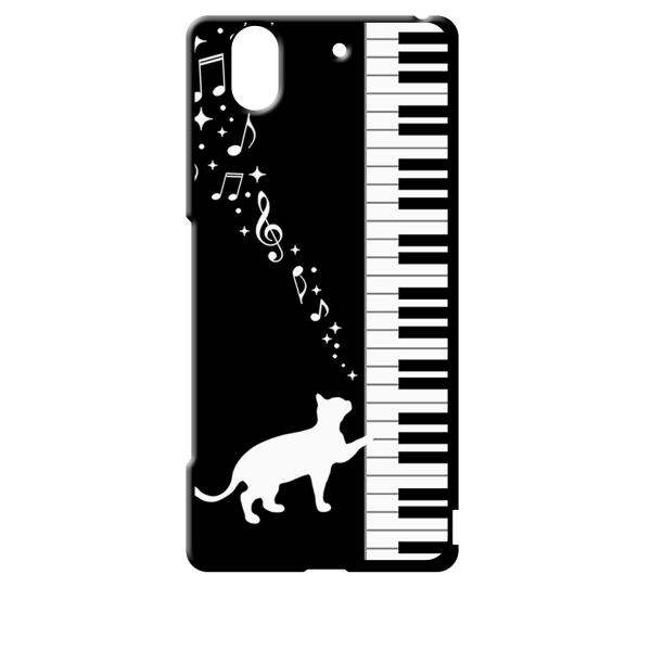 F01K ブラック ハードケース ピアノと白猫 ネコ 音符 ミュージック キラキラ