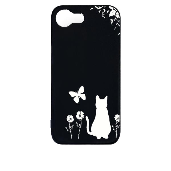 iPhone16e アイフォン16e ブラック ハードケース 猫 ネコ 花柄 a026