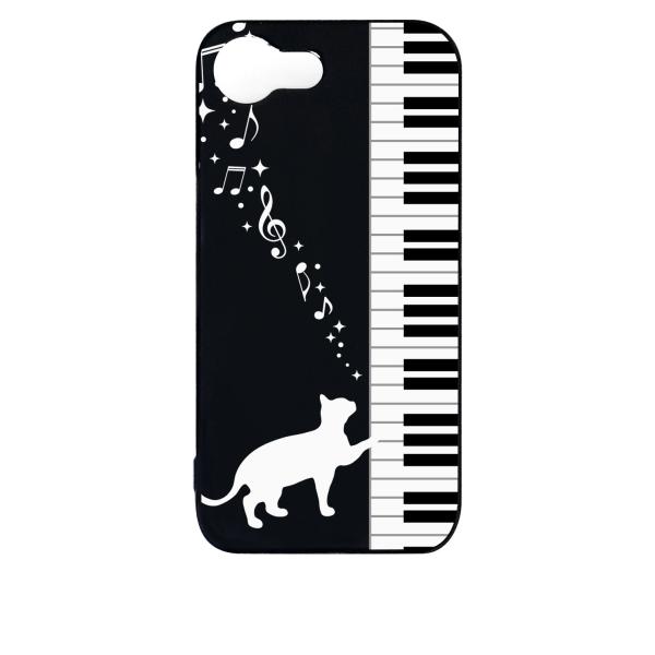 iPhone16e アイフォン16e ブラック ハードケース ピアノと白猫 ネコ 音符 ミュージック...