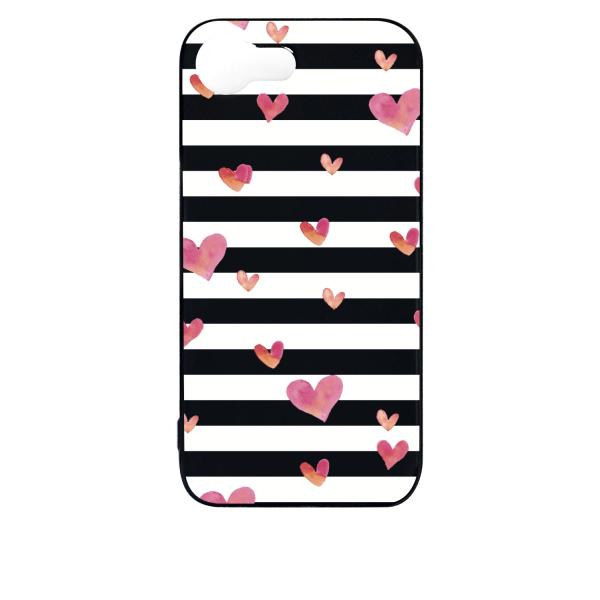 iPhone16e アイフォン16e ブラック ハードケース ハート＆ボーダー