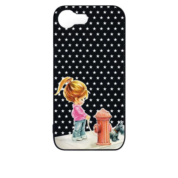 iPhone16e アイフォン16e ブラック ハードケース 犬と女の子 レトロ 星 スター ドット
