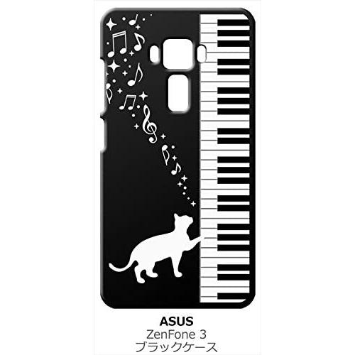 zenfone3 ブラック ハードケース ピアノと白猫 ネコ 音符 ミュージック キラキラ