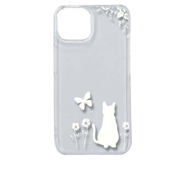 iPhone14 アイフォン14 クリア ハードケース 猫 ネコ 花柄 a026 ホワイト スマホ ...