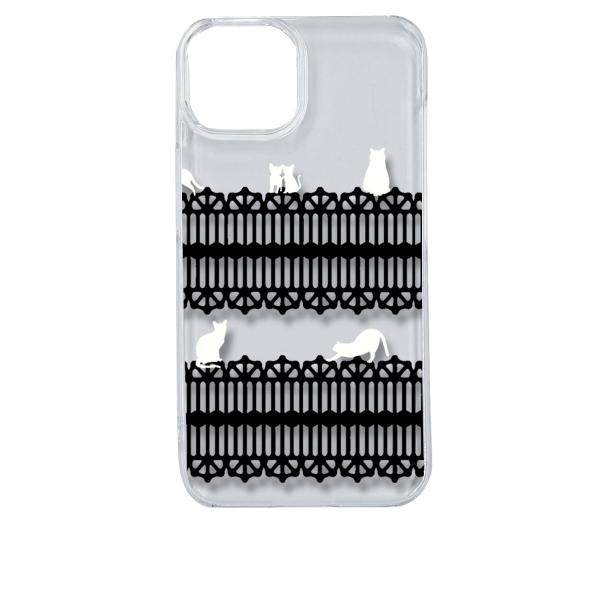 iPhone14 アイフォン14 クリア ハードケース 猫 ねこ ネコ おさんぽ 白猫ブラックレース...