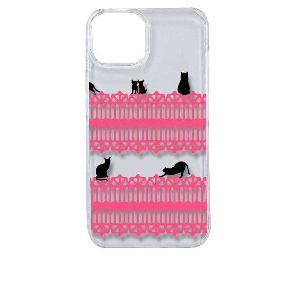 iPhone14 アイフォン14 クリア ハードケース 猫 ねこ ネコ おさんぽ 黒猫ピンクレース ...