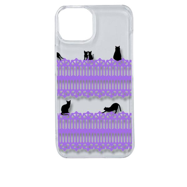 iPhone14 アイフォン14 クリア ハードケース 猫 ねこ ネコ おさんぽ 黒猫パープルレース...