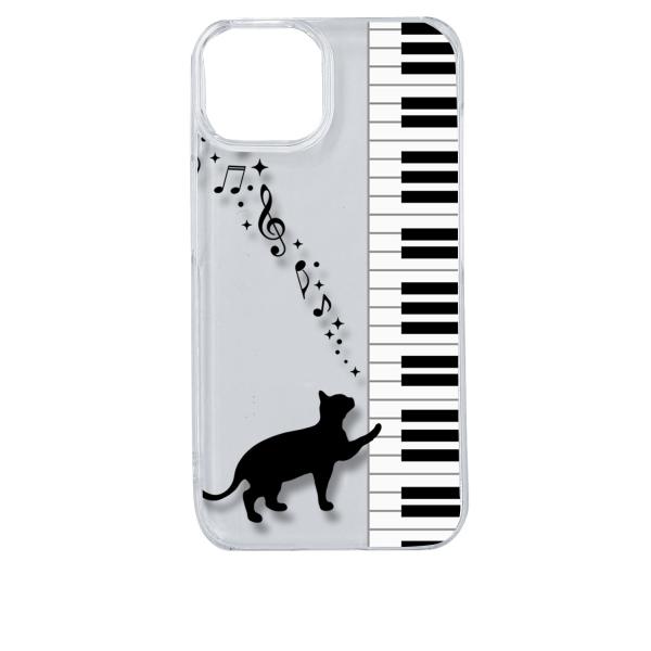 iPhone14 アイフォン14 クリア ハードケース ピアノと黒猫 ネコ 音符 ミュージック スマ...