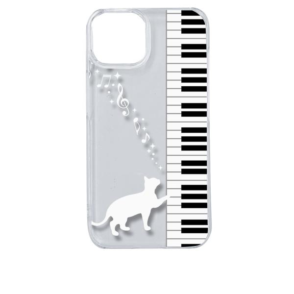 iPhone14 アイフォン14 クリア ハードケース ピアノと白猫 ネコ 音符 ミュージック スマ...