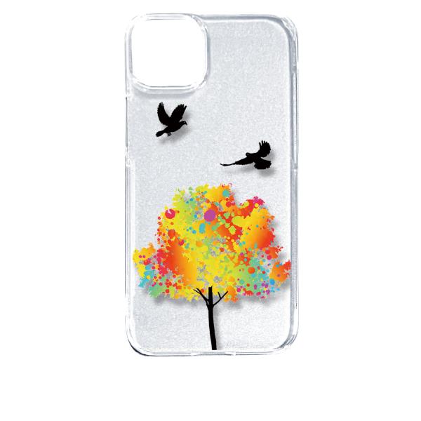 iPhone14 Plus アイフォン14プラス クリア ハードケース 鳥 バード レインボー ツリ...