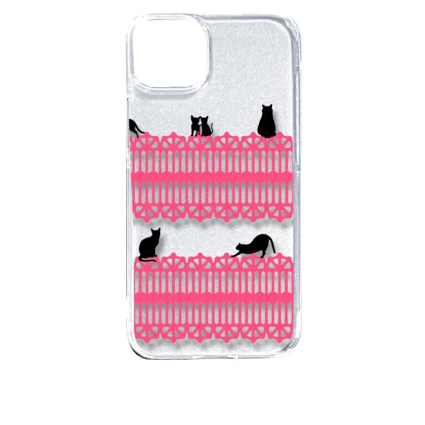 iPhone14 Plus アイフォン14プラス クリア ハードケース 猫 ねこ ネコ おさんぽ 黒...