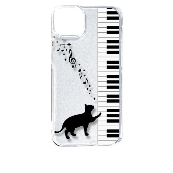 iPhone14 Plus アイフォン14プラス クリア ハードケース ピアノと黒猫 ネコ 音符 ミ...