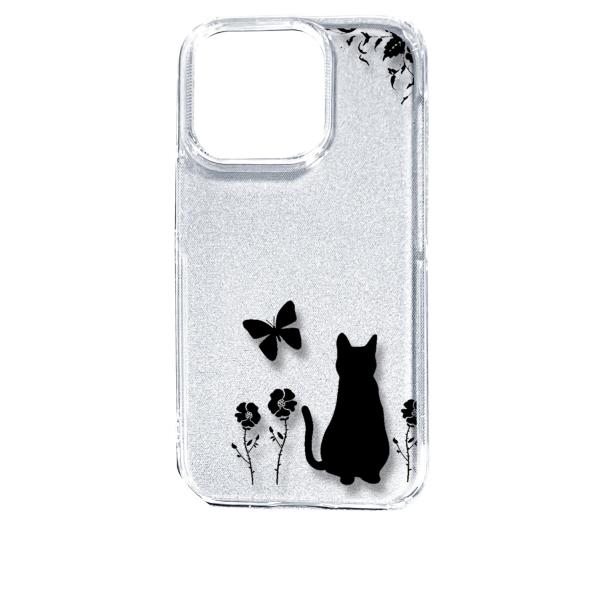 iPhone14 Pro アイフォン14プロ クリア ハードケース 猫 ネコ 花柄 a026 ブラッ...