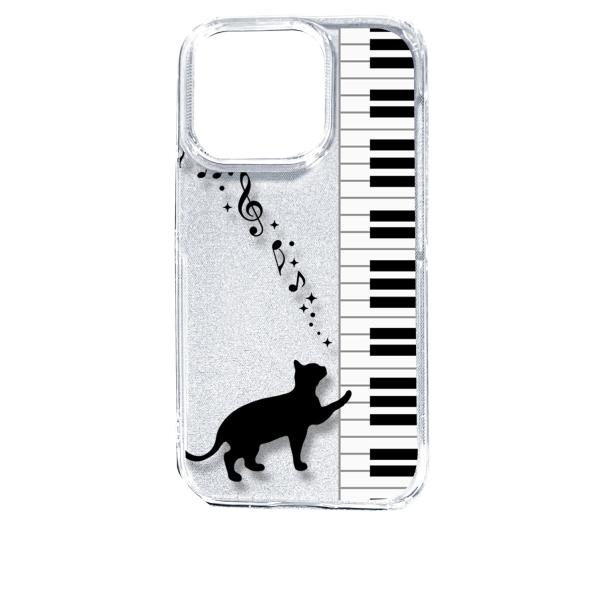 iPhone14 Pro アイフォン14プロ クリア ハードケース ピアノと黒猫 ネコ 音符 ミュー...
